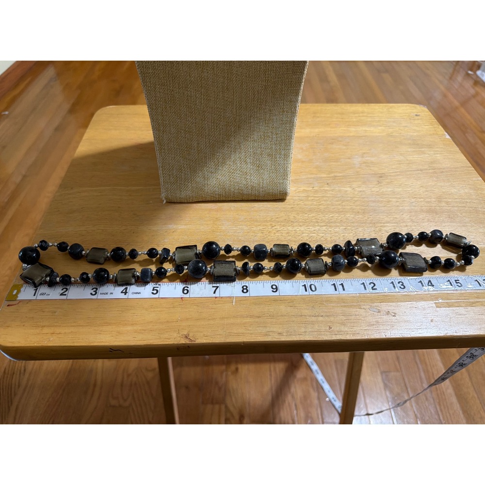 Long Geometric Beaded Necklace Black Grey Square Round Beads Long Layering - Picture 4 of 5